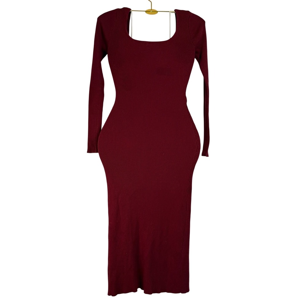 Windsor Ribbed Square Neck Long Sleeve Button Slit Maxi Dress Burgundy Size S‎ - Picture 3 of 8